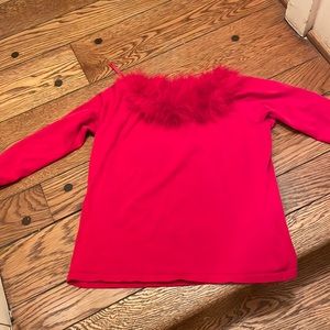 Red silk sweater with faux feather trim. Perfect for your next holiday party.